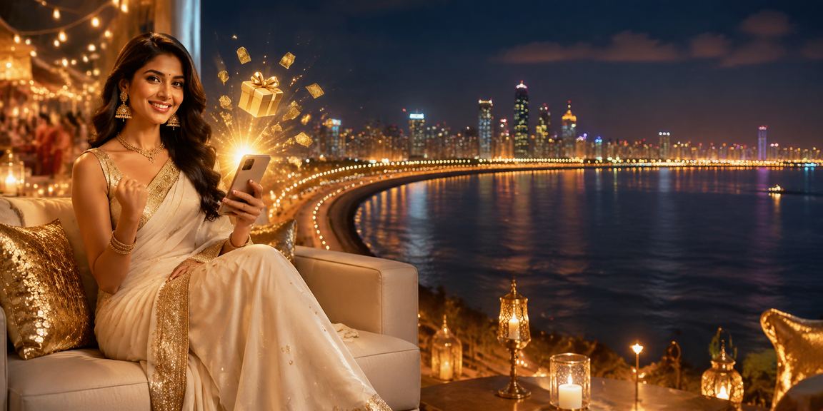 Young woman playing Andar Bahar on mobile along Mumbai Marine Drive